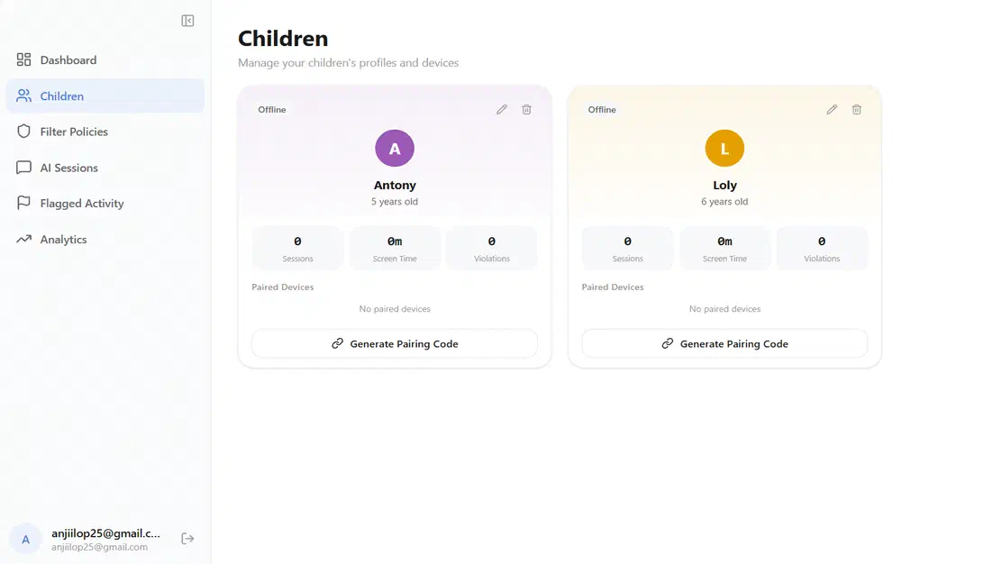Parent dashboard showing activity summaries, filtering controls, and AI insights
